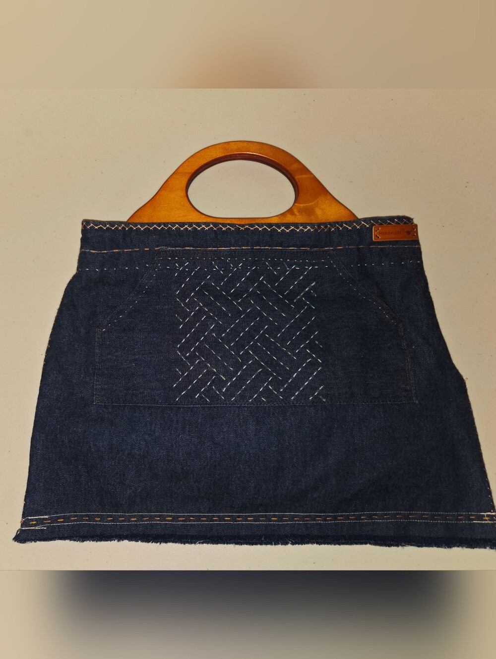 Denim Handbag with Wooden Handle - Dark Blue